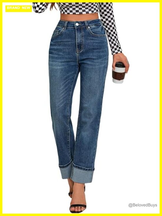 Denim - High Waisted Stretchy Straight Leg Jeans Tummy Control Cuffed Ankle Hem